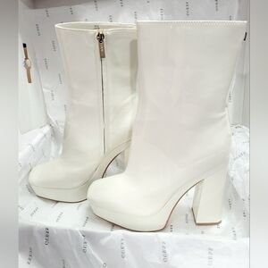 Guess Women's Byra Zipper Square Toe Block Heel Platform Boots Ivory Sz 9.5 NIB